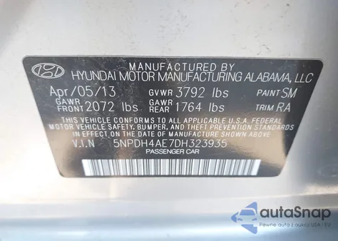 2013 Hyundai Elantra Gls z USA, uszkodzony, nr VIN 5NPDH4AE7DH323935